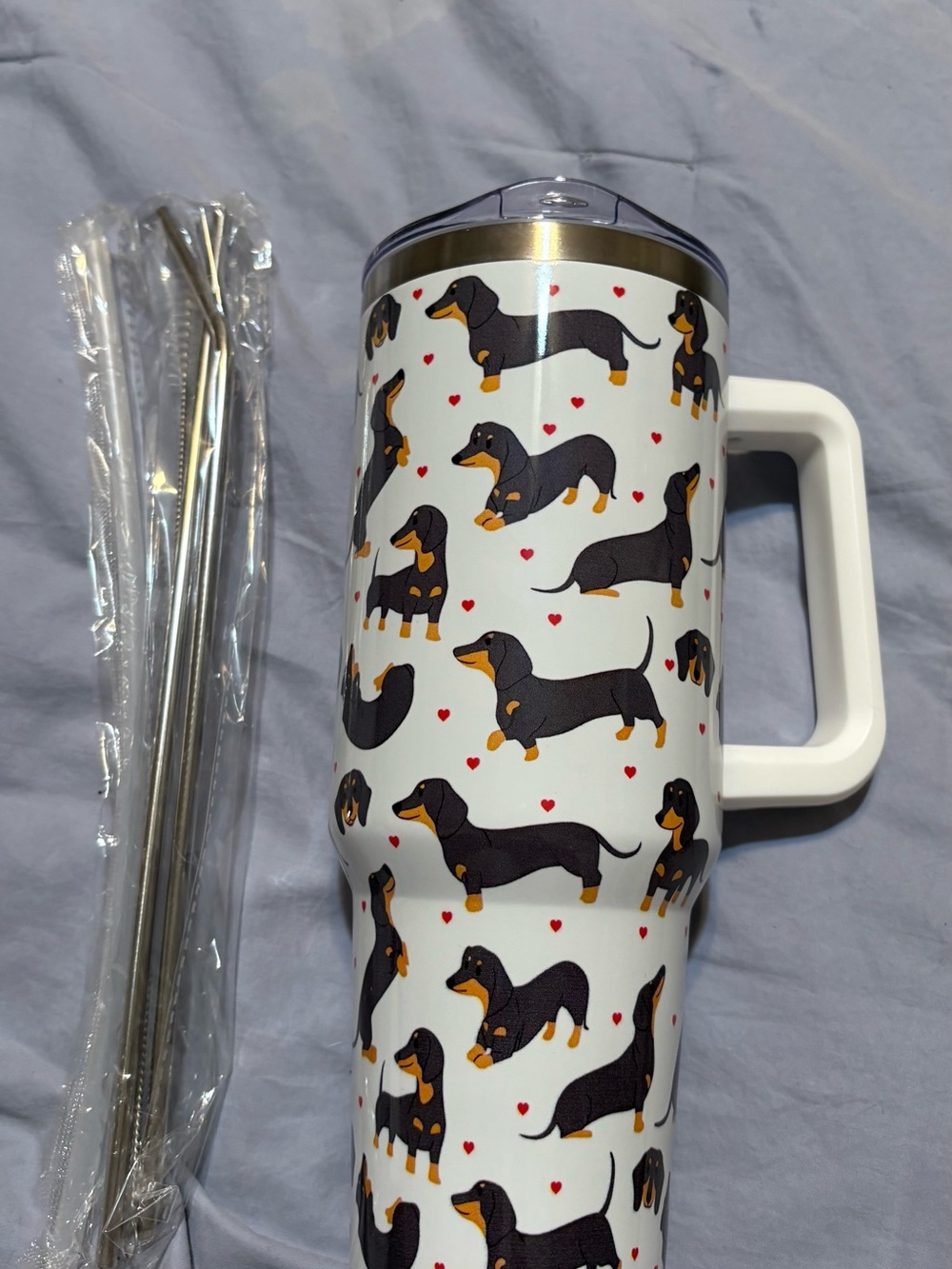 Dachshund Print White Travel Mug with Handle - Pets Dog